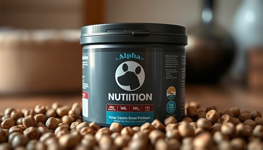 Alpha Dog Nutrition container surrounded by dog food on table.