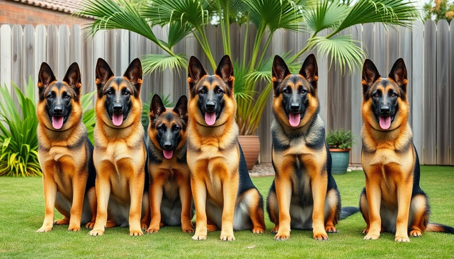 Identical German Shepherd dogs in garden, dog cloning concept.