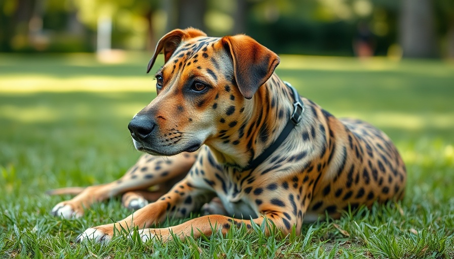 Catahoula Leopard Dog adoption: A calm guardian resting in a verdant park.