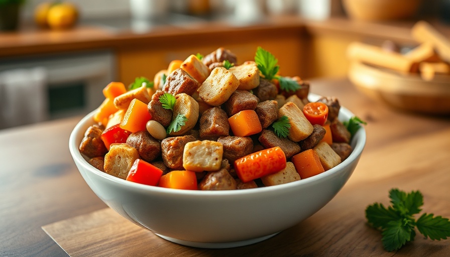 Bowl of nutritious dog food with holistic ingredients on a table.