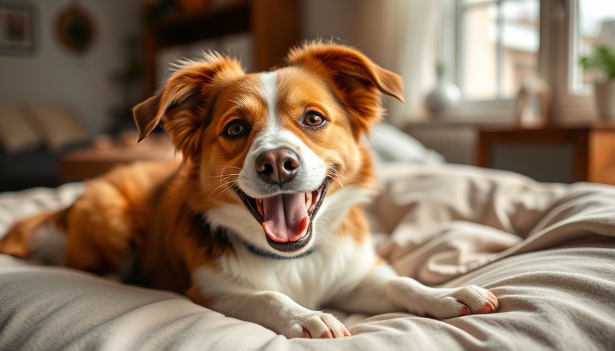 Joyful dog on bed announcing pet adoption in cozy home setting.