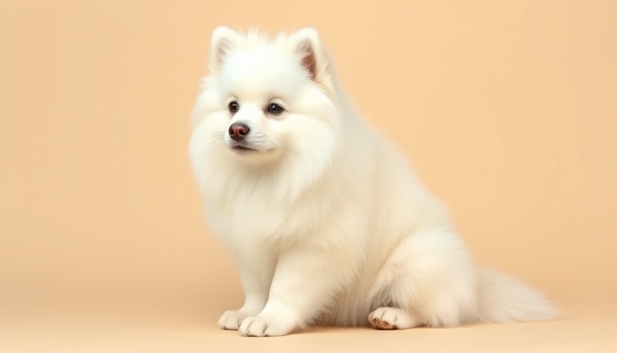 Fluffy white American Eskimo Dog for adoption, relaxed pose.