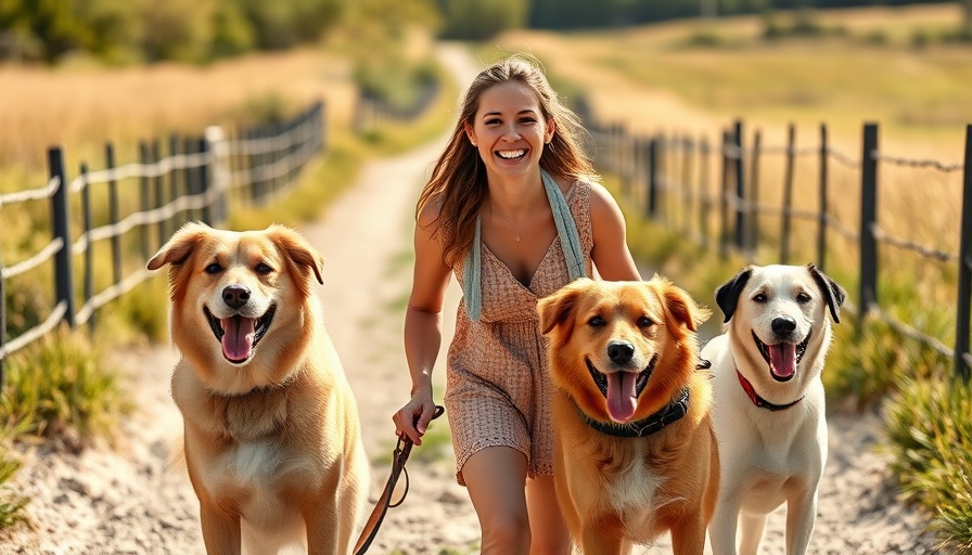 Joyful woman walking dogs in sunny landscape showcasing Evolution of Dog Walks.