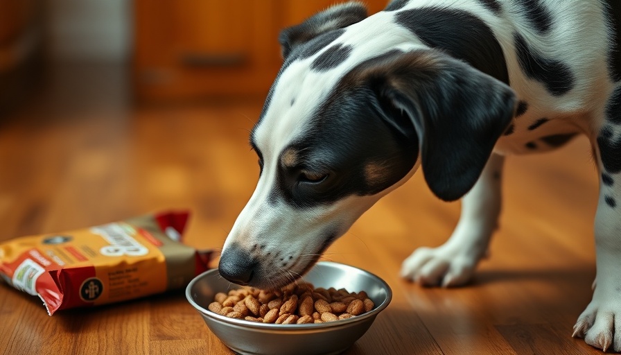 Spotted dog enjoying Raised Right Veterinary Support Diets dog food on floor.