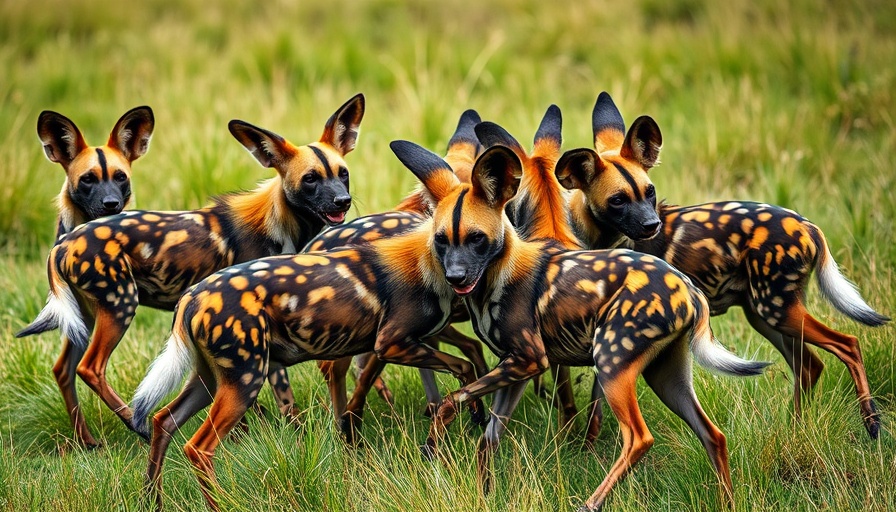 Pack of African wild dogs playing in grassland, showcasing conservation.