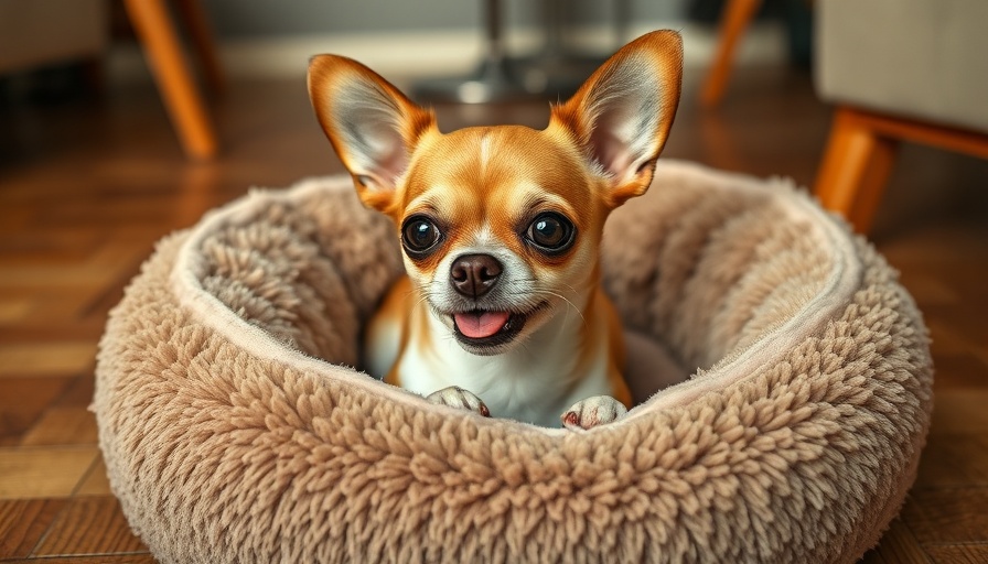 Chihuahua resting in dog bed with tongue out, cozy indoor scene.