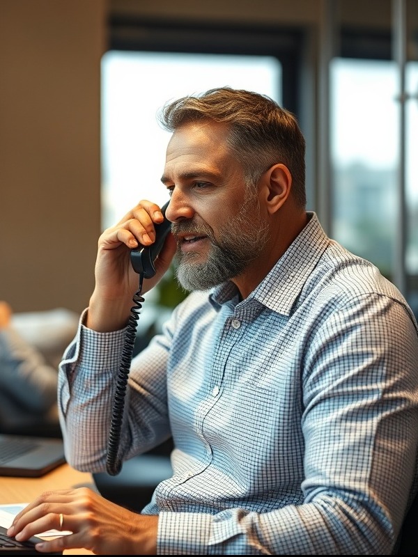 engaging tax help, reassuring expression, answering phone calls, photorealistic, in a sunny office with potted plants, highly detailed, phone-ring tones, ultra-wide shot, vibrant colors, midday sunlight, shot with a 35mm lens.