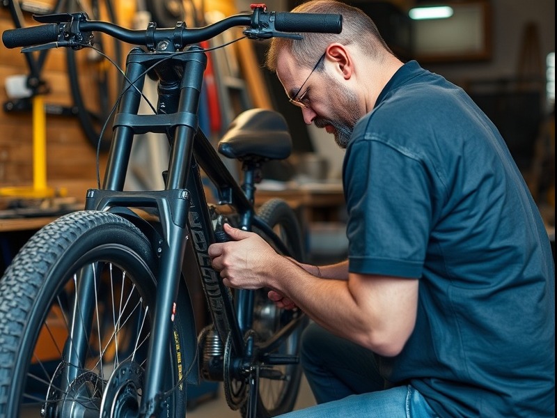 experienced diy repairman, concentrating, using a wrench on a bicycle, photorealistic, outdoor setting with autumn leaves scattered on the ground, highly detailed, gentle breeze moving leaves, f/5.6, earthy tones, soft dusk lighting, shot with a 70-200mm lens.