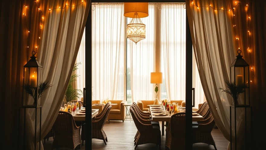 Cozy dining area with large glass doors and elegant decor, perfect for festive gatherings.
