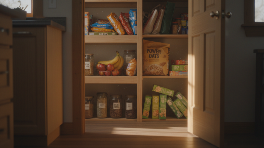 A kitchen pantry reflecting mindful eating habits, showcasing whole foods vs processed foods.