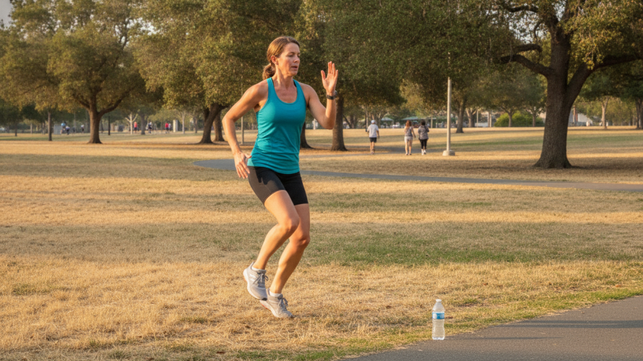 Woman doing fast-feet cardio on grass, showcasing low impact cardio alternatives.