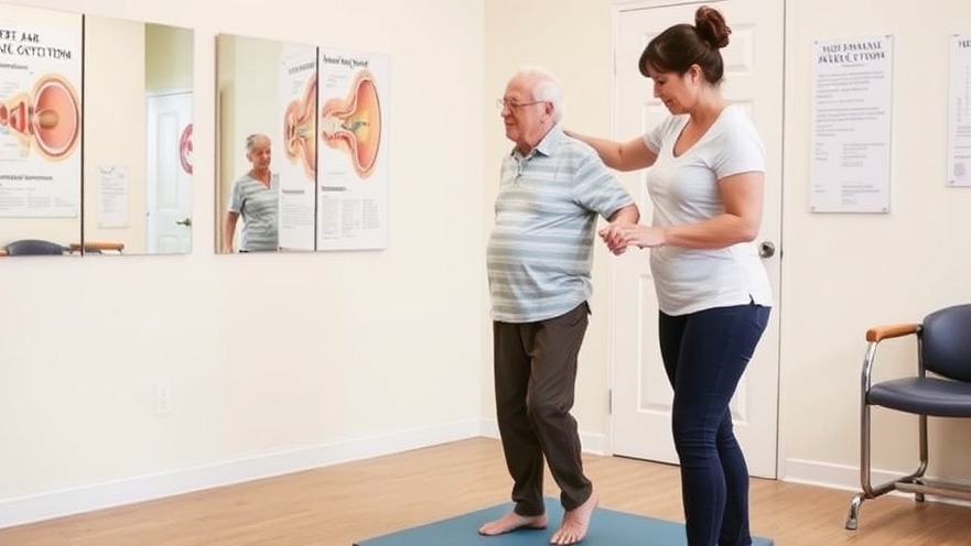 A physical therapist supports an older adult during vestibular rehabilitation exercises.