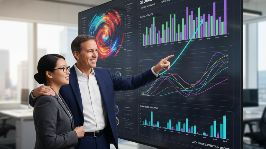 Reed Hastings beside a digital dashboard showcasing colorful data visualizations.