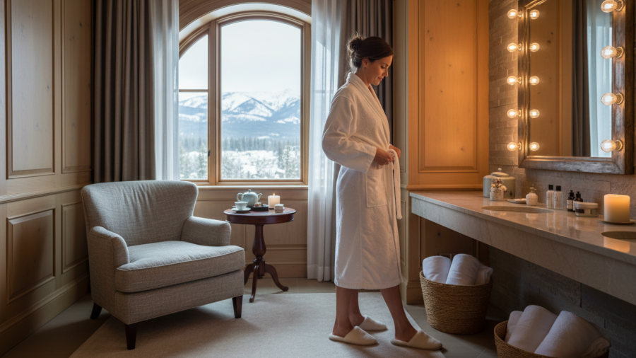 Solo luxury spa experience in Jackson WY, guest in cozy dressing room.