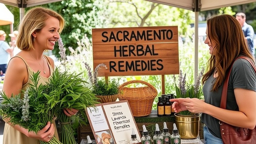 Farmers' market stall with fresh herbs and herbal remedies in Sacramento.