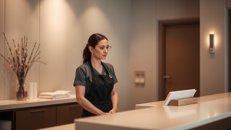 Spa management showcasing team accountability in a serene reception setting.