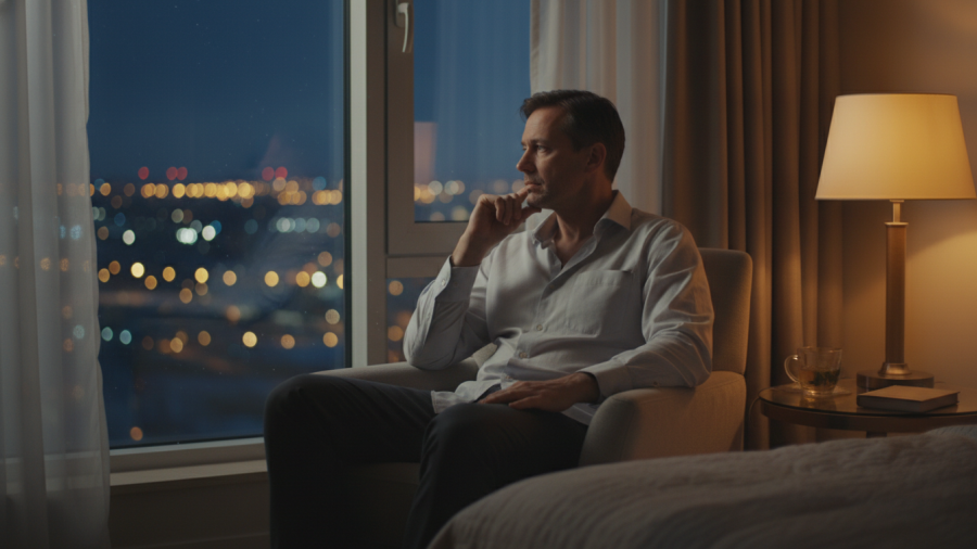 A contemplative man in a serene bedroom, reflecting on men's mental health.