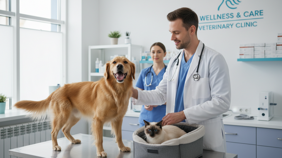 Veterinarian checks cheerful dog and calm cat, key signs of a healthy pet.