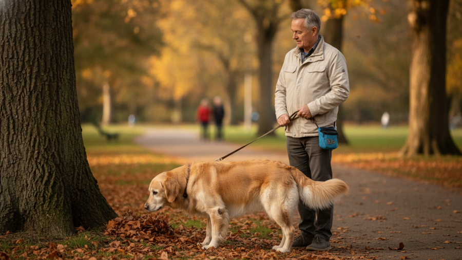 Senior dog exploring park with its owner, exemplifying healthy aging for dogs.