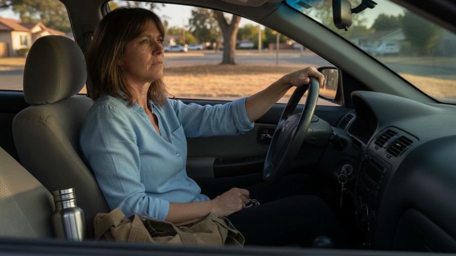 Woman in parked car reflecting on stress, illustrating vagus nerve exercises for anxiety.