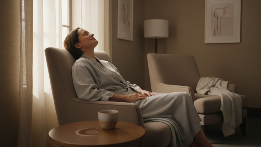 Guest enjoying post-treatment calm in a Eugene Oregon day spa lounge, highlighting relaxation benefits.