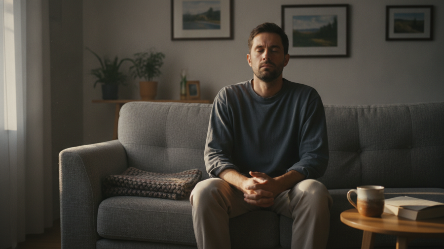A man practicing mindfulness on a sofa, showing discomfort during breathing exercise.