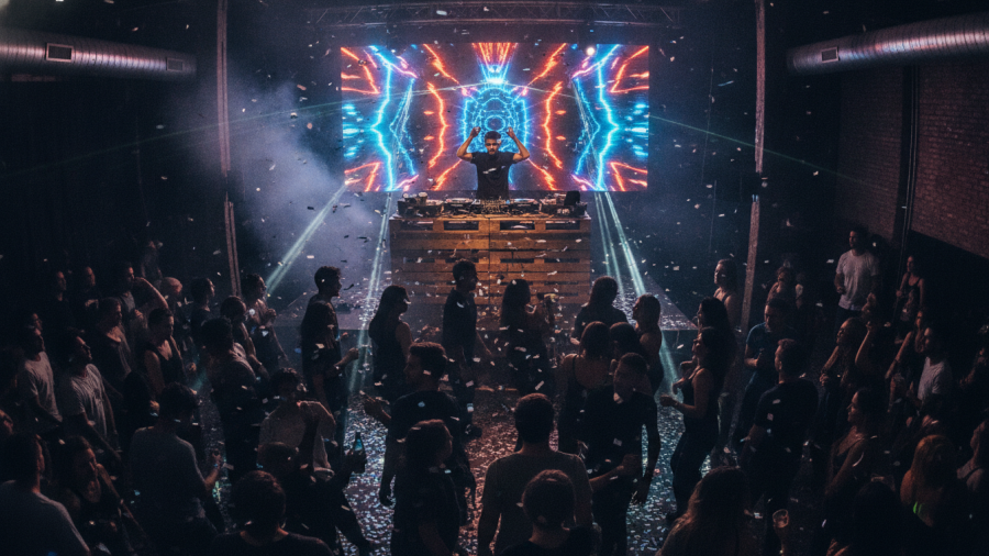 DJ creating vibrant atmosphere and energy on a lively dance floor in a small venue.