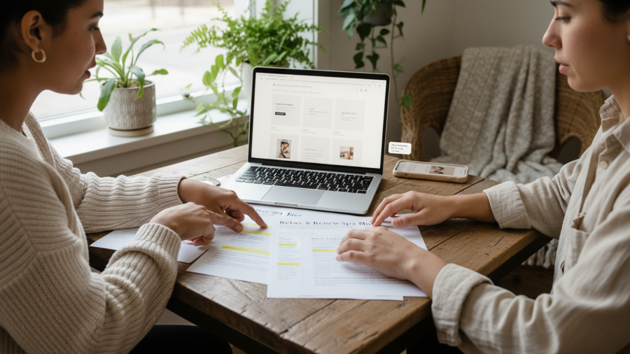 Collaborative spa team reviewing content marketing strategies in a relaxed workspace.