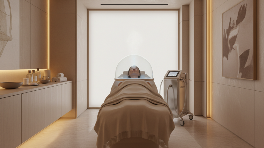 Luxury spa treatment featuring a professional oxygen facial device for skincare.