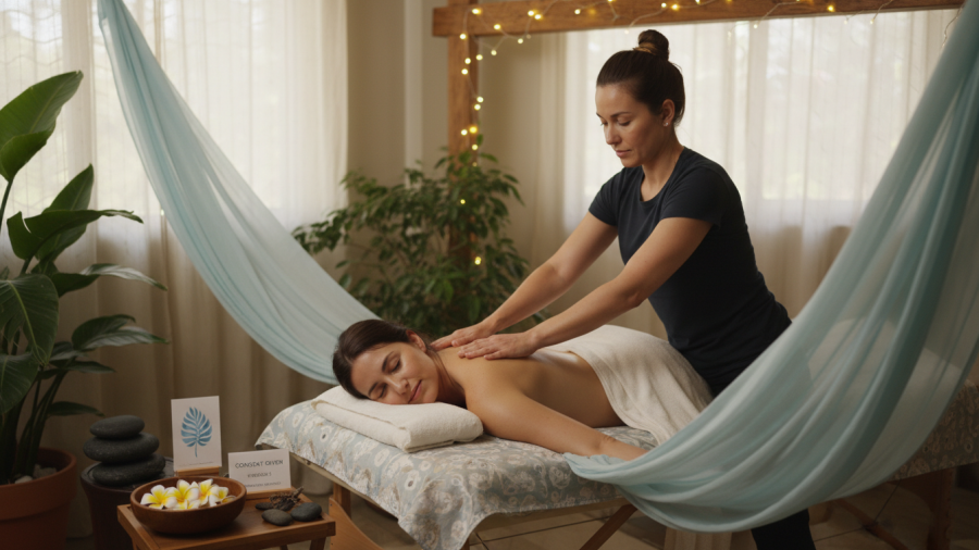 Lomi Lomi massage session highlighting comfort, privacy, and draping.
