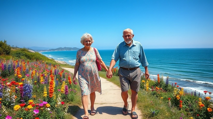 Elderly couple enjoying healthy aging, walking hand in hand by the seaside.