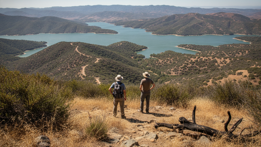 Hikers overlooking Lake Berryessa and the Coast Range hills from Blue Ridge at Stebbins Cold Canyon Reserve