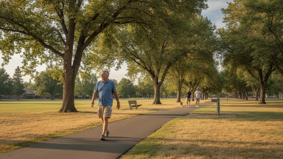 A serene Sacramento man in his 60s enjoys a calm walk, embodying vagus nerve exercises for anxiety.