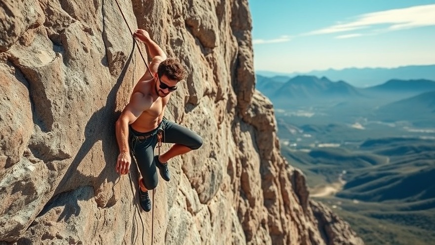 Determined male spa owner climbing a rugged rock face, symbolizing adventure.