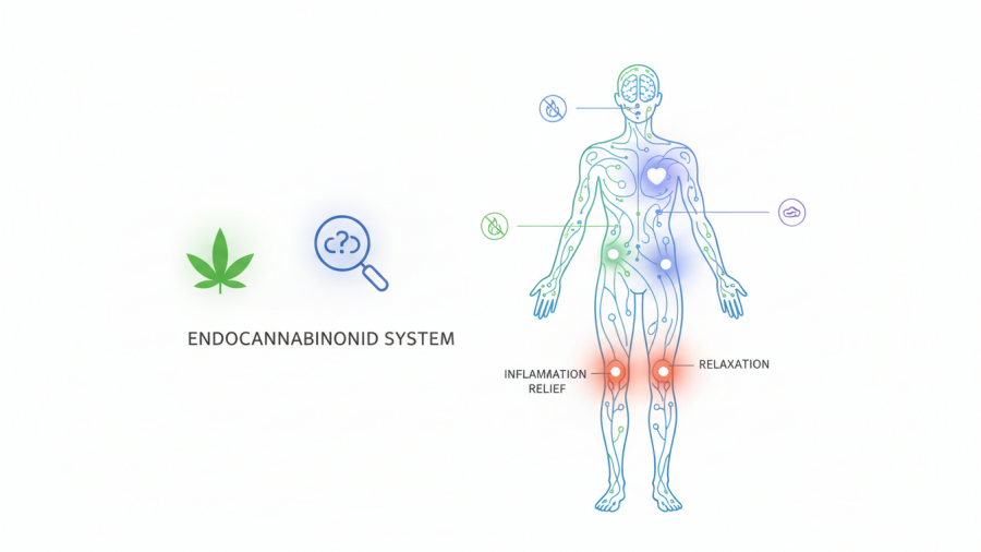 Illustration of the endocannabinoid system with hemp icons for relaxation relief.