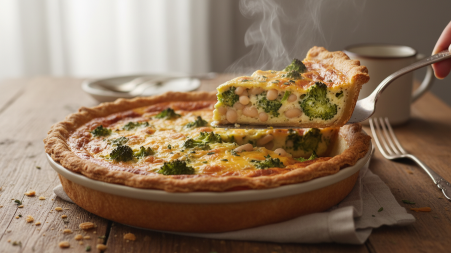 Delicious protein-rich quiche with seasonal ingredients like broccoli and white beans.