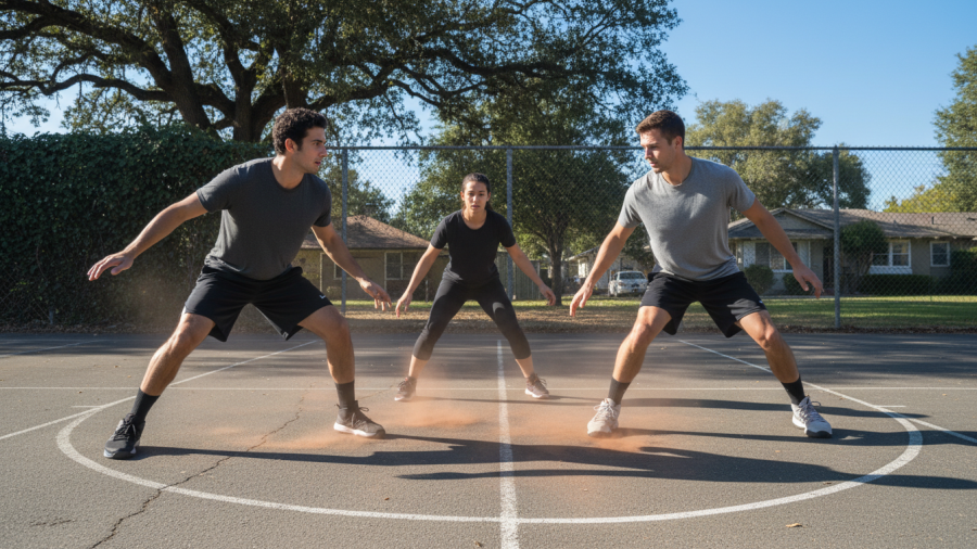 Lateral movement and side lunge benefits showcased by athletes in a Sacramento basketball game.
