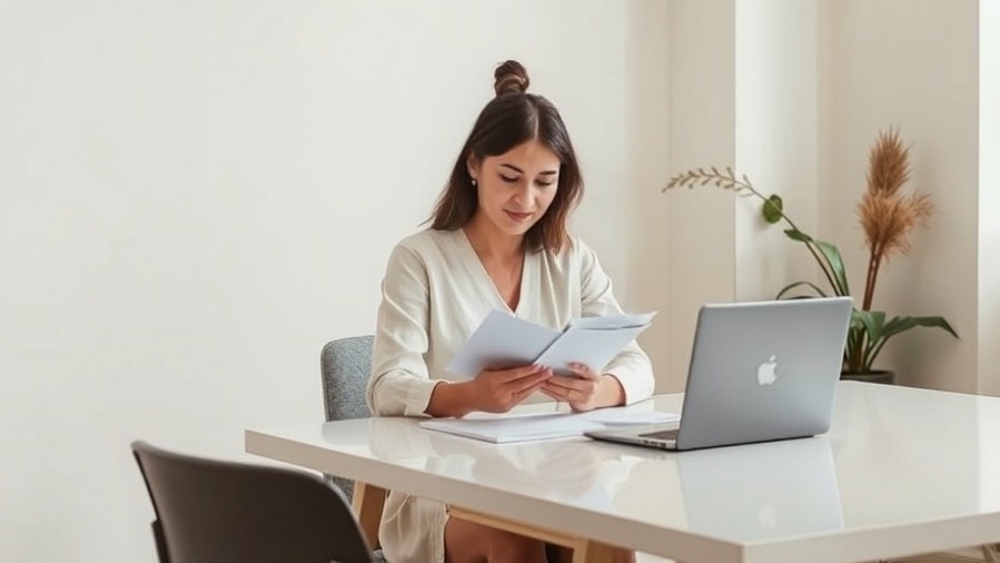 Spa owner thoughtfully reviewing notes in a serene, modern office space.