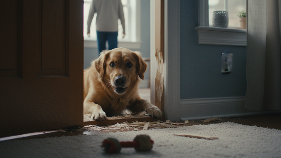 Dog training tips for managing anxiety-related chewing near doors.