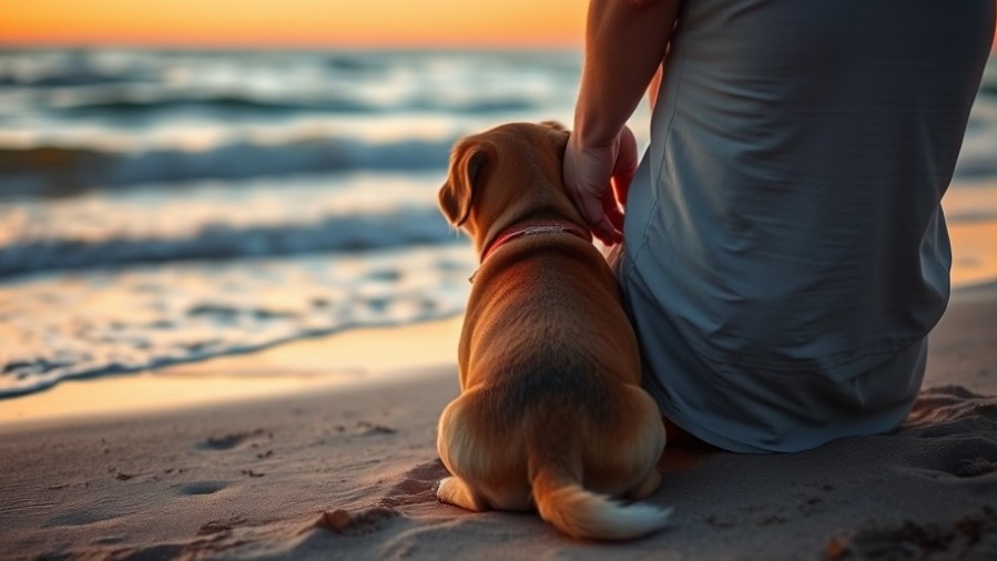 A dog and owner enjoy a peaceful sunset at the beach, emphasizing pet health and swimming safety.