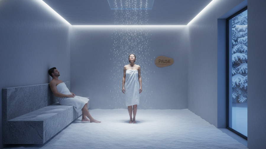 Relaxing snow rooms in spas enhance wellness; serene cold therapy experience.