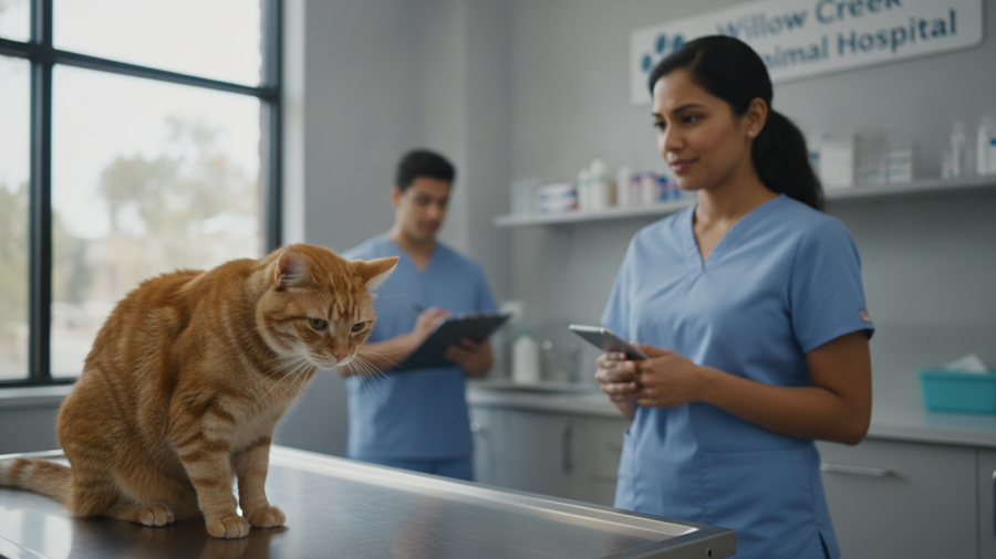 Veterinarian assessing older cats showing signs of hyperthyroidism due to weight loss.