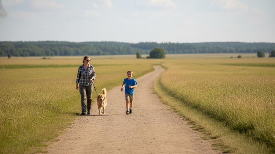 Family-friendly Mahany Park loop trail with wide dirt path, perfect for all ages.