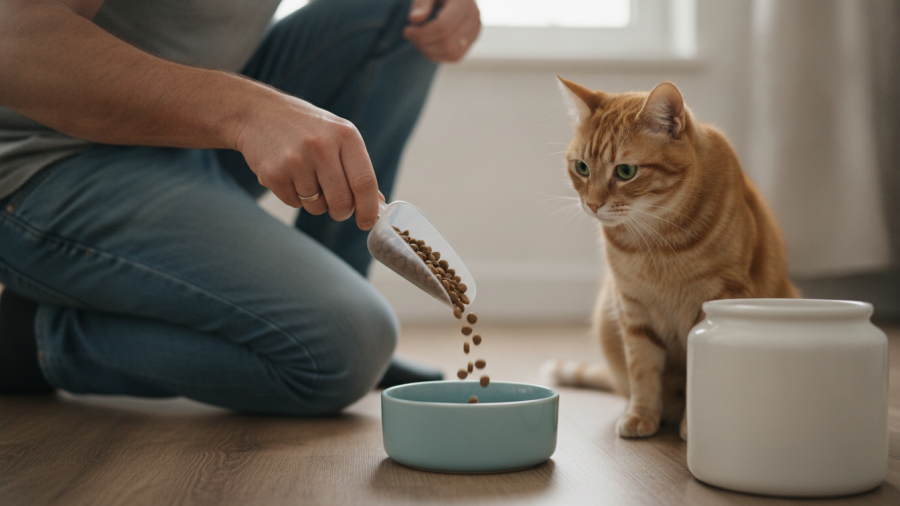 A male cat owner measuring dry kibble for his cat using a scoop at home.