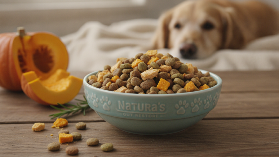 Dog food promoting gut health after antibiotics for better recovery.