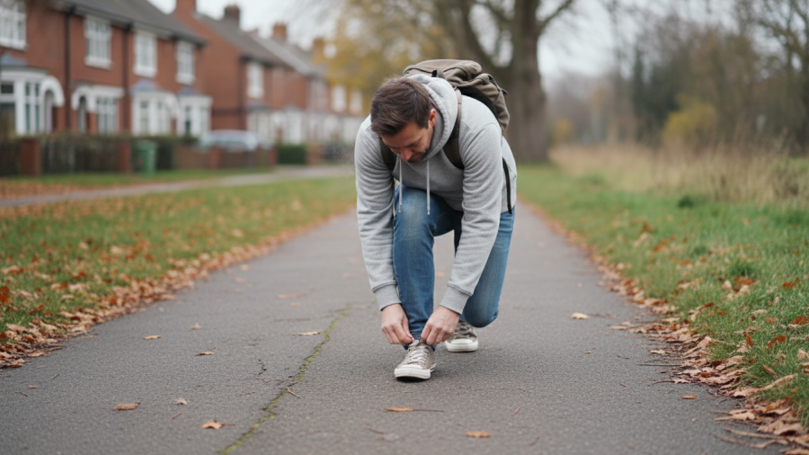 Person pausing mid-stride on a sidewalk, embodying mindset shifts for weight regain.