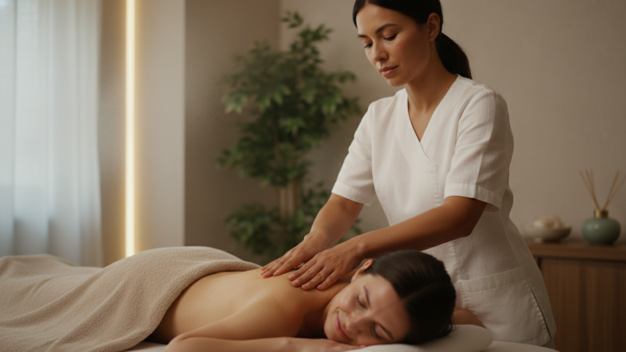 Therapist fostering customer engagement in the spa industry through responsive care.