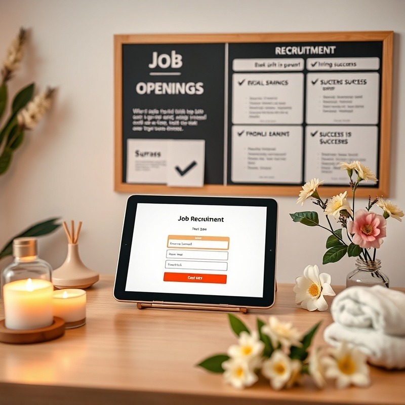 A professional and inspiring image depicting a serene day spa environment combined with a focus on recruitment. 