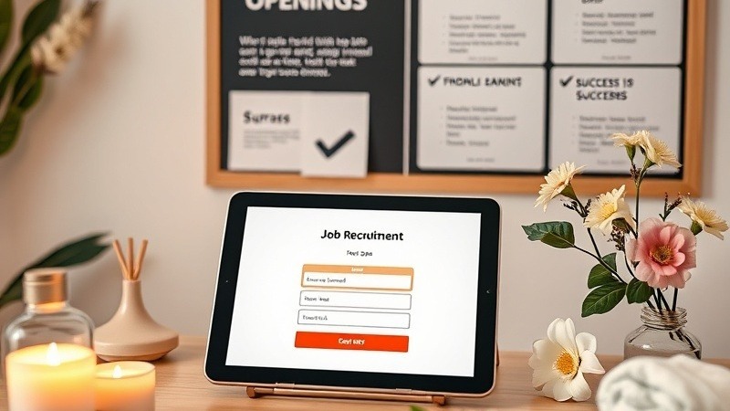 A professional and inspiring image depicting a serene day spa environment combined with a focus on recruitment. 