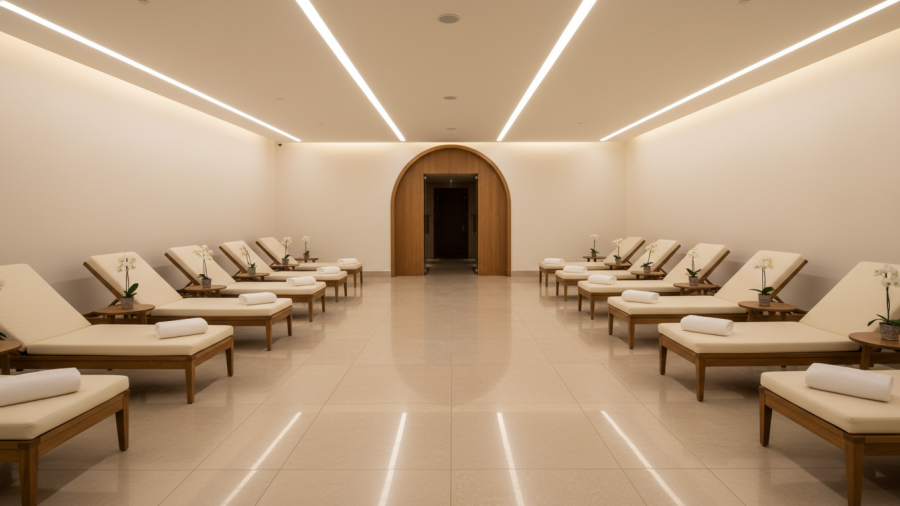 Polished Bellevue day spa lounge showcasing a serene and structured atmosphere.